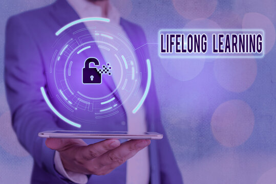 Handwriting text Lifelong Learning. Conceptual photo pursuit of knowledge for an individualal or professional reasons Graphics padlock for web data information security application system