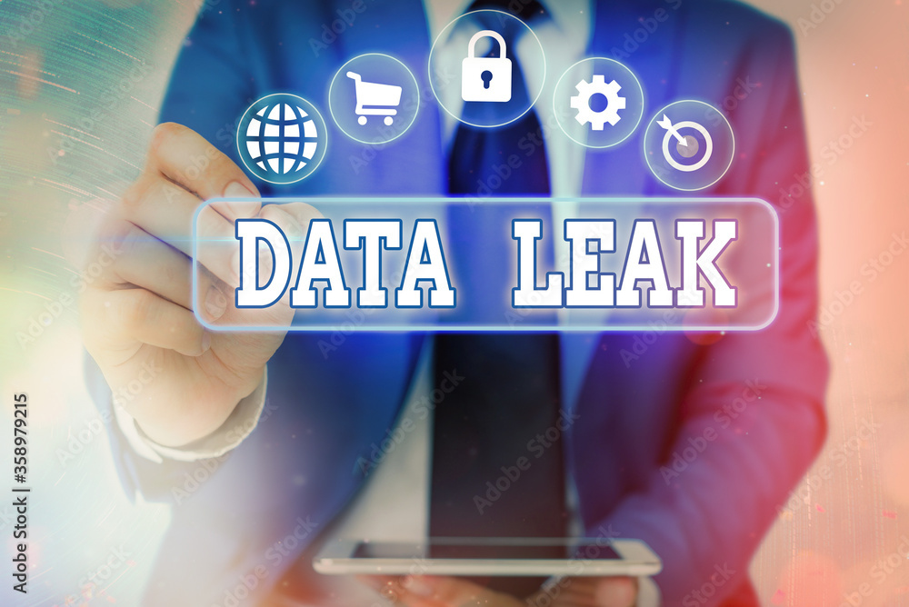 Poster writing note showing data leak. business concept for released illegal transmission of data from a co