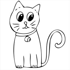 cute cat with eye on a collar, vector doodle element for halloween celebration in doodle style, black outline