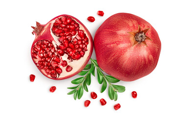 Pomegranate isolated on white background with clipping path and full depth of field. Top view. Flat...