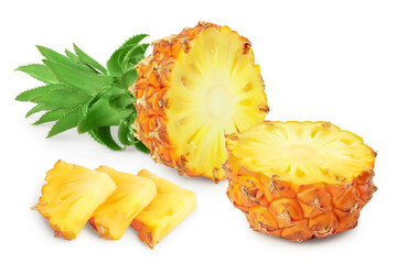 pineapple half and slices isolated on white background with clipping path and full depth of field