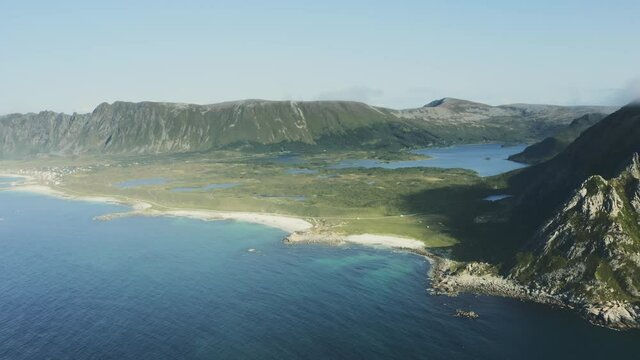 Aerial view landscape sea and mountains coastline in Norway drone beautiful travel destinations Vesteralen islands