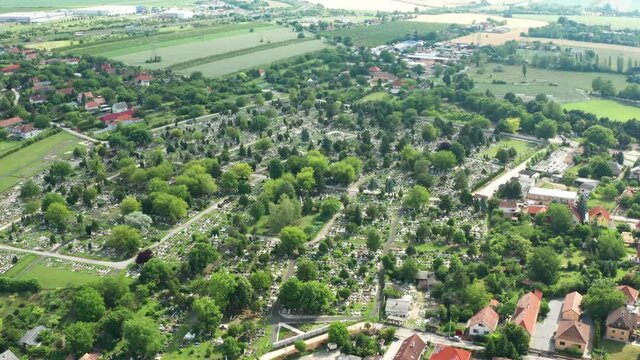 Public Cemetery in Erd city. Aerial view in Hungary.