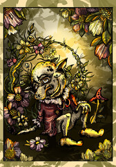 Tired, contented, kind gnome with pointed ears and a large nose, in a jacket with a bow and a beautiful collar, in shoes, sitting on the grass among many beautiful and diverse flowers and plants.