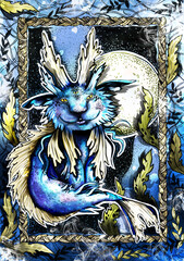 Fairytale creature, funny sea rabbit, with a round head, long ears and kind smile, with scales, fins and a fish tail, among the algae and marine plants on the seabed under the moon, in a wicker frame.