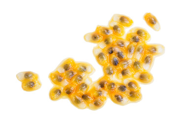 passion fruits seeds isolated on white background. maracuya with clipping path. Top view. Flat lay