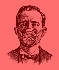 Portrait of man from 19th century wearing antique face mask or respirator, isolated on light red or coral pinkish background