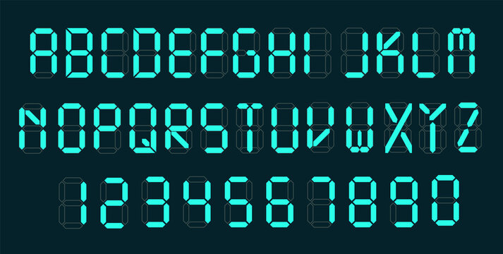Digital font. Alarm clock letters and numbers vector alphabet. Calculator digital text.