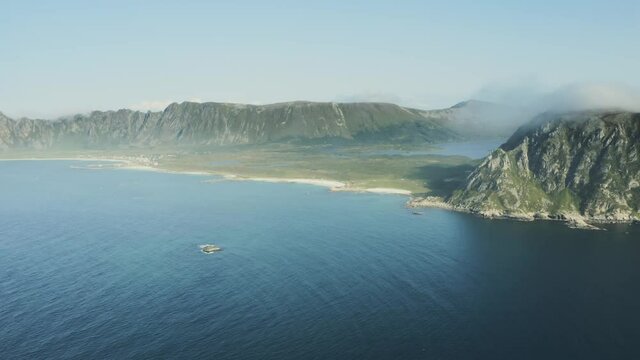 Aerial view drone landscape ocean and rocks in Norway scandinavian travel destinations Vesteralen islands summer season