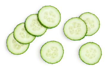Sliced cucumber isolated on white background with clipping path and full depth of field, Top view. Flat lay