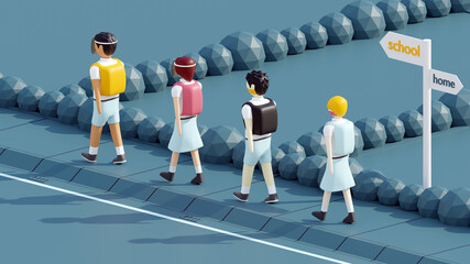 Obraz premium 3D rendering of four kids, wearing face shield and mask, going back to school together