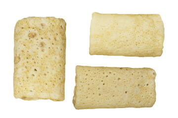 Stuffed pancakes, crepes with filling, isolated on white background.