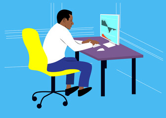 Vector illustration. Young black man using laptop in office. Afro-American businessman using internet to trade.