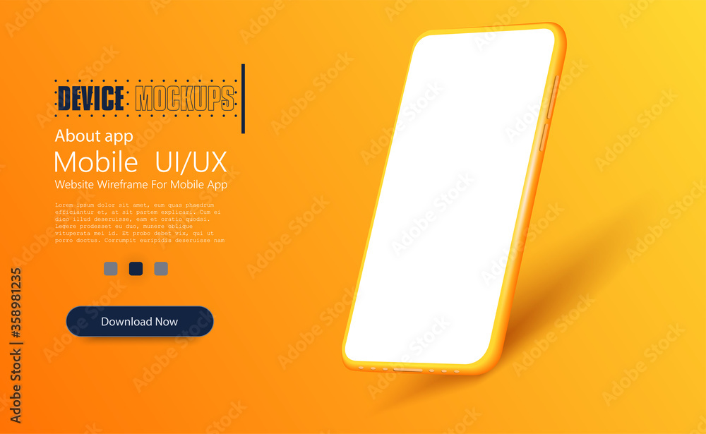 Poster yellow modern smartphone with blank screen in a white studio. cellphone frame with blank display iso