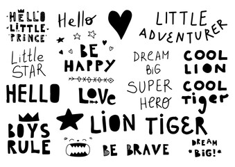 Vector set hand drawn lettering isolated on white background. Cute kids phrases for baby room, greeting card, print on the wall, pillow. Outline text.