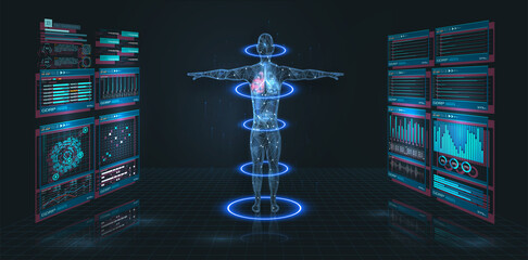 Head Up Display (HUD) UI,GUI for medical app. Futuristic virtual graphic modern Medical HUD Interface. Medical infographic. Hi-Tech, Research of human health. Diagnostic Scan, Digital x-ray human body