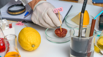 Healthy eating concept. The laboratory assistant s hand holds a tablet with the names of the additives of E. Food Laboratory.