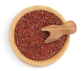 red quinoa seeds in wooden bowl and scoop isolated on white background with clipping path and full depth of field. Top view. Flat lay