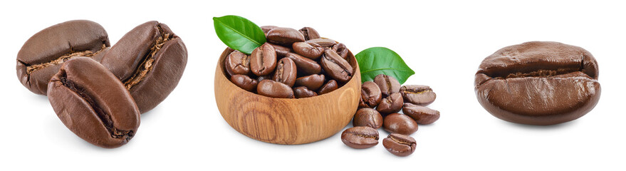Heap of roasted coffee beans with leaves isolated on white background . Set or collection