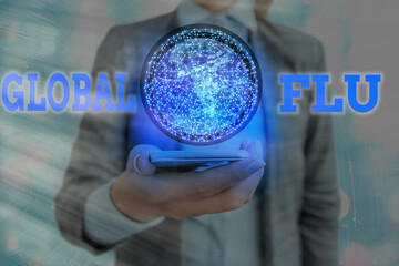 Text sign showing Global Flu. Business photo showcasing Common communicable illness spreading over...