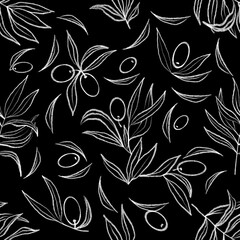 Seamless pattern. Graphic drawing. White olives and leaves on a dark background.