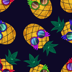 Seamless pattern. Watercolor illustration. Pineapples in multi-colored sunglasses on a dark background.