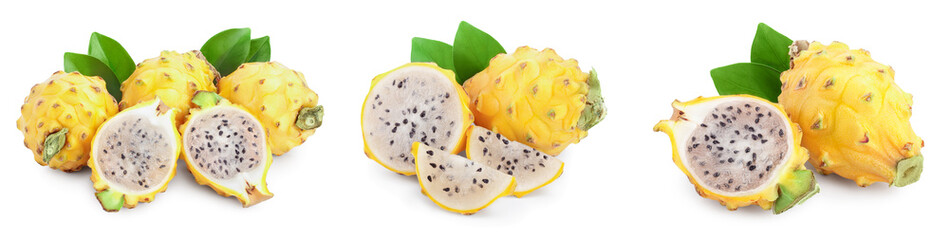 Ripe Dragon fruit, Pitaya or Pitahaya yellow isolated on white background, fruit healthy concept. Set or collection