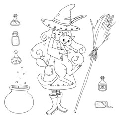 Cute cartoon witch with her cat and various witchcraft symbols (bottles of potion, magic broom and cauldron). Set of black and white vector illustrations for coloring book.