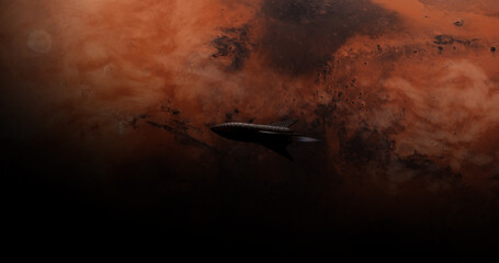 WIDE Spaceship rocket flying above Mars surface, space colonization concept. 3D Rendering