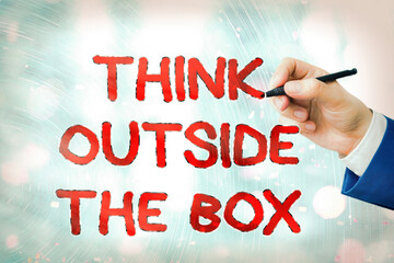Conceptual hand writing showing Think Outside The Box. Concept meaning Learn to adopt new ideas and...