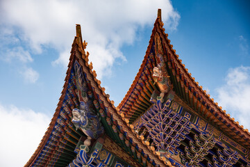 Fototapeta premium February 2019. Dali, China. The Three Pagodas are located in the Chongsheng temple. Buildings that make up the temple.