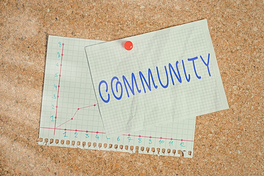 Handwriting text writing Community. Conceptual photo group of showing with a common characteristics living together Corkboard color size paper pin thumbtack tack sheet billboard notice board