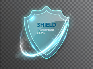 Glass transparent shield. Protective glass shield with reflection and glow on transparent background. Realistic 3d. © Ann_Sereda