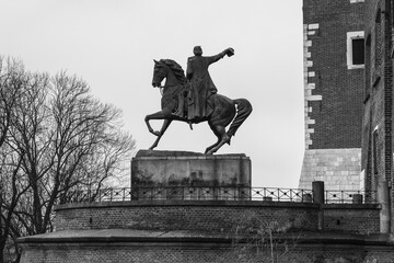 Krakow, Poland - December 25, 2019: Tadeusz Kosciuszko monument, best known equestrian bronze...