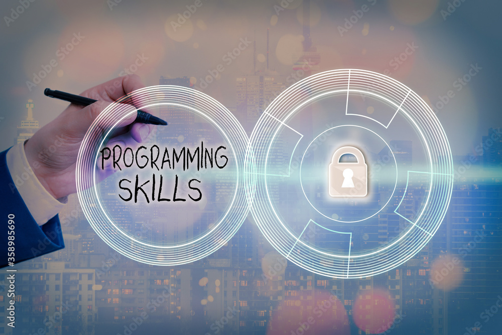 Poster text sign showing programming skills. business photo showcasing expertise required to program accord