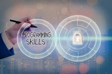 Text sign showing Programming Skills. Business photo showcasing expertise required to program according to constraints