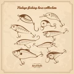 fishing lures collection of design elements sketch style vintage vector illustration. hard baits, wobblers for your design project
