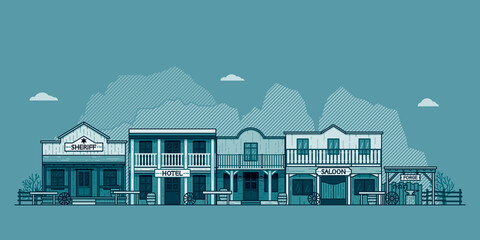 Wild west town landscape. Old western themed background for your projects. Monochrome vector illustration.