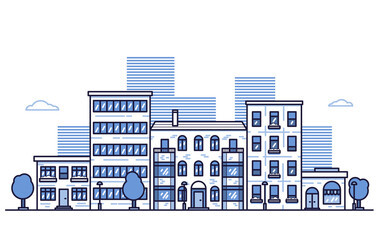 Urban City landscape with horizontal city street panorama. Cityscape of neighborhood with residential houses, shops, trees and street lamps. Flat style bright color vector illustration.