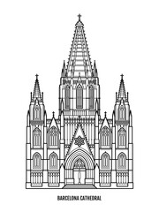 Obraz premium Barcelona famous travel landmark - Cathedral of the Holy Cross and Saint Eulalia also known as Barcelona Cathedral. Catholic cathedral in Gothic architecture style. Vector line art illustration.