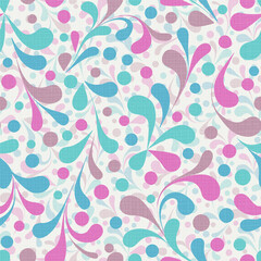 Floral seamless pattern with textile texture. Vector background with blue and purple leaves and dots