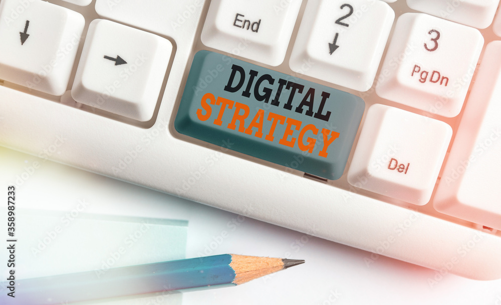 Poster writing note showing digital strategy. business concept for focuses on using technology to improve b