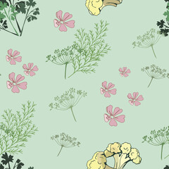 seamless background of hand-drawn vegetables isolated on a  colored background