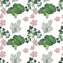 seamless background of hand-drawn vegetables isolated on a  colored background