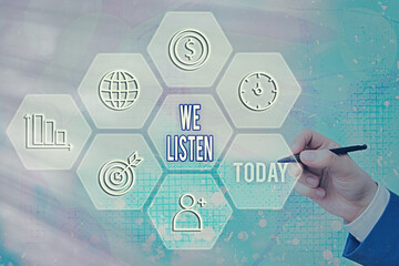 Text sign showing We Listen. Business photo text an organization willing to pay attention by...