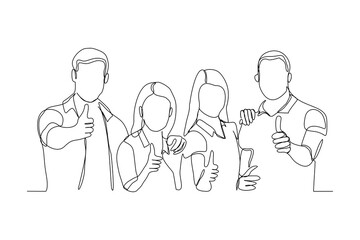 Continuous line drawing of men and women thumb up and embrace together in friendship. Vector illustration