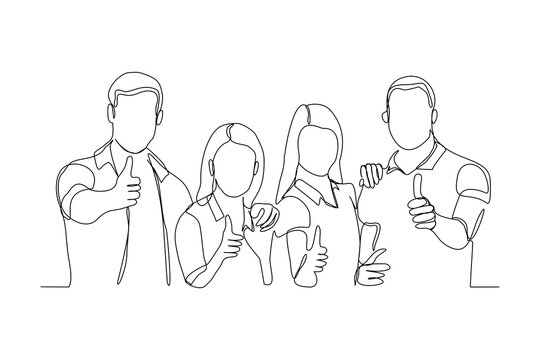 Continuous Line Drawing Of Men And Women Thumb Up And Embrace Together In Friendship. Vector Illustration