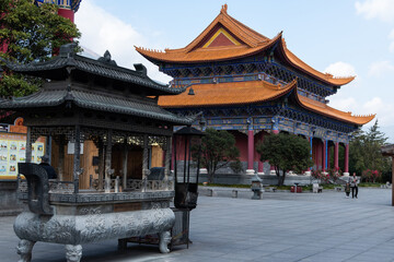 
February 2019. Dali, China. The Three Pagodas are located in the Chongsheng temple. Buildings that...