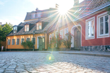 A street with old houses in the downtown of Lund in southern Sweden, Skane