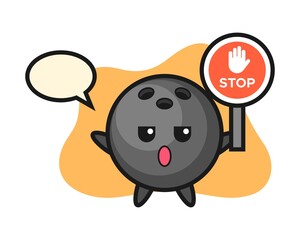 Bowling ball cartoon holding a stop sign